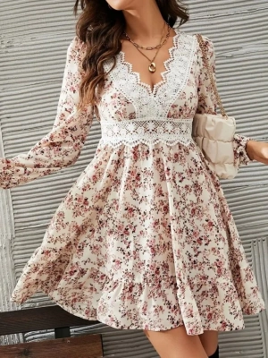 Kadın Uzun Kollu Dantel V Yakalı Mini Desenli Süprem Elbise