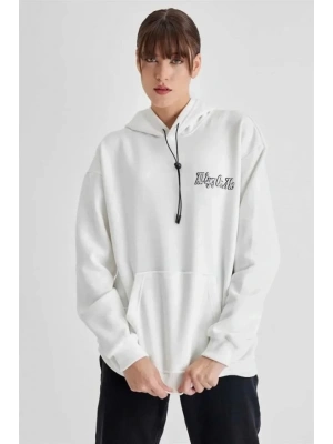 Kapüşonlu Sırt Baskılı Üç İplik Oversize Sweatshirt - Beyaz
