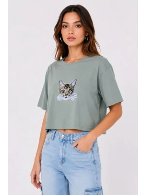 Kedi Baskılı Oversize Crop Tişört Salaş Basic Yarım Kol T-shirt - Mint Yeşili