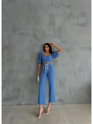 KETEN CROP KARPUZ KOL BLUZ-PANTOLON HASIR KEMERLİ - Mavi