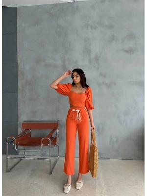 KETEN CROP KARPUZ KOL BLUZ-PANTOLON HASIR KEMERLİ - Orange