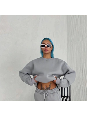 Kışlık Bisiklet Yaka Üç İplik Basic SweatShirt - Gri