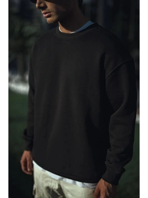 Kışlık Bisiklet Yaka Üç İplik Basic SweatShirt - Siyah