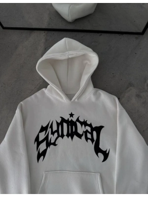 Kışlık Kapşonlu Baskılı Oversize SweatShirt- Beyaz