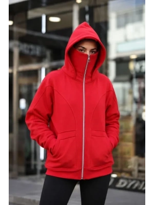 Maskeli Ninja Model Çift Kapüşonlu 3 İplik Şardonlu Fermuarlı Oversize Sweatshirt - Kırmızı