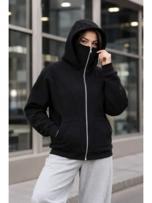 Maskeli Ninja Model Çift Kapüşonlu 3 İplik Şardonlu Fermuarlı Oversize Sweatshirt - Siyah