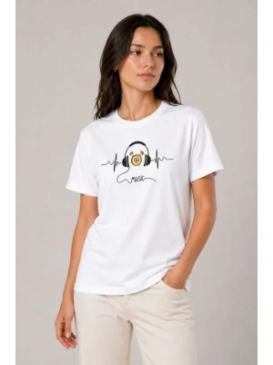 Müzik Temalı Baskılı Tişört Bisiklet Yaka Kısa Kol T-Shirt - Beyaz
