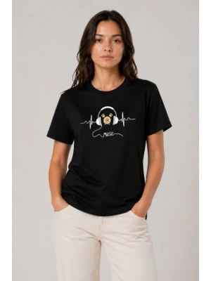 Müzik Temalı Baskılı Tişört Bisiklet Yaka Kısa Kol T-Shirt - Siyah