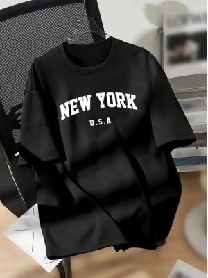 New York Baskılı Oversize Bisiklet Yaka T-shirt - Siyah