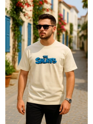 Ön Ve Arka Baskılı Oversize Bisiklet Yaka T-shirt- Beyaz