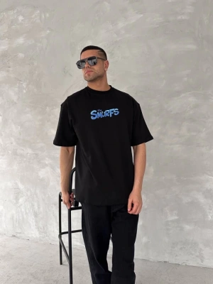 Ön Ve Arka Baskılı Oversize Bisiklet Yaka T-shirt- Siyah