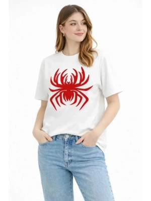Örümcek Baskılı Tişört Kısa Kollu Bisiklet Yaka T-Shirt - Beyaz