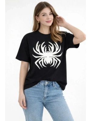 Örümcek Baskılı Tişört Kısa Kollu Bisiklet Yaka T-Shirt - Siyah