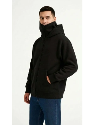 Samuray Ninja Çift Kapüşonlu ZIP Fermuarlı Kanguru Cepli Tam Fermuarlı Hoodie Sweatshirt - Siyah