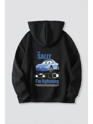 Sevgililer Günü Araba Temalı Baskılı Oversize Kapüşonlu Sweatshirt Hoodie - Siyah
