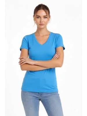 T-Shirt V Yaka Slim Fit Likralı Tişört Günlük Basic Body - Açık Mavi