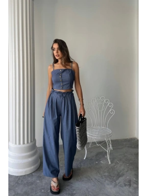 TENCEL CROP ASKILI BLUZ - ŞALVAR PANTOLON TK - İndigo