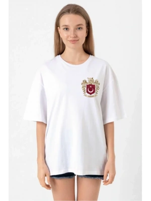 Türk Arma Baskılı Oversize Bisiklet Yaka Günlük T-shirt - Beyaz