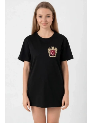 Türk Arma Baskılı Oversize Bisiklet Yaka Günlük T-shirt - Siyah