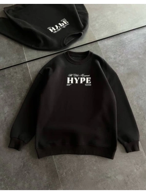 Üç İplik Bisiklet Yaka Baskılı SweatShirt - Siyah