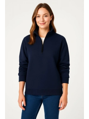 Üç İplik Dık Yaka Yarım Fermuarlı SweatShirt - Lacivert