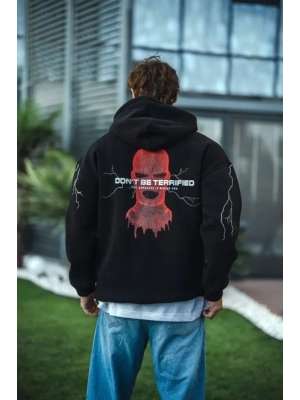 Üç İplik Kapüşonlu Baskılı Oversize SweatShirt- Siyah
