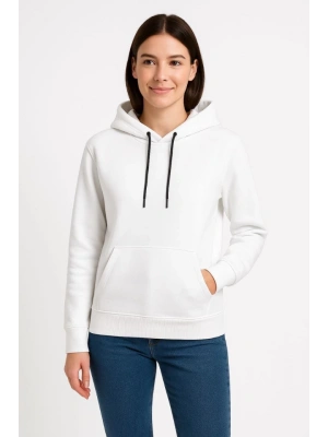 Üç İplik Kapüşonlu Kanguru Çepli SweatShirt Hoodie - Beyaz