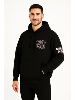 Üç İplik Kapüşonlu Ön Ve Arka Baskılı SweatShirt Hoodie - Siyah