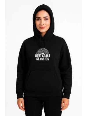 Üç İplik Kapüşonlu Ön Ve Arka Baskılı SweatShirt Hoodie - Siyah