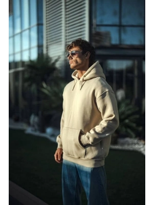 Üç İplik Penye Kapşonlu Basic SweatShirt - Bej
