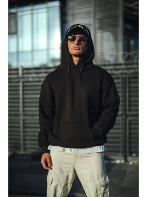 Üç İplik Penye Kapşonlu Basic SweatShirt - Siyah