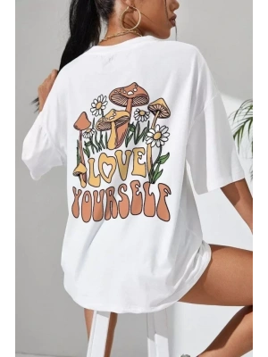 Unisex Baskılı Oversize T-Shirt - Beyaz