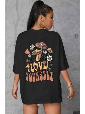 Unisex Baskılı Oversize T-Shirt - Siyah