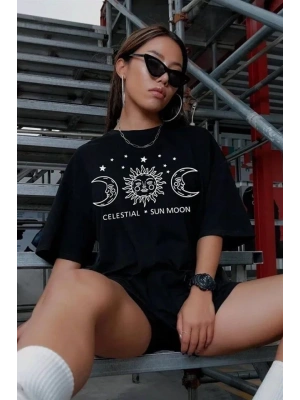 Unisex Baskılı Oversize T-Shirt - Siyah