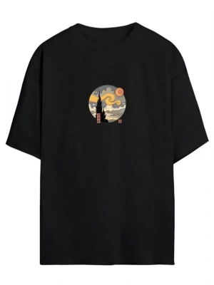 Unisex Baskılı Oversize T-Shirt - Siyah