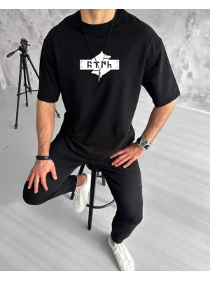 Unisex Bisiklet Yaka Baskılı Double Oversize T-Shirt - Siyah