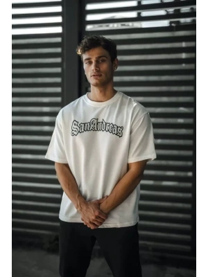 Unisex Bisiklet Yaka Baskılı Oversize T-Shirt - Beyaz
