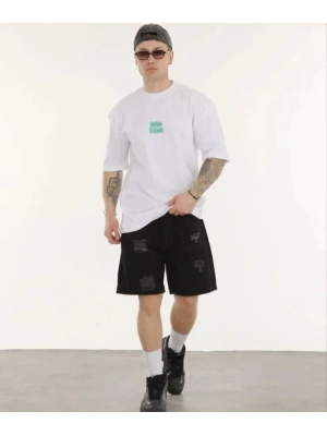 Unisex Bisiklet Yaka Baskılı Oversize T-Shirt - Beyaz