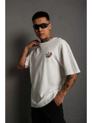 Unisex Bisiklet Yaka Baskılı Oversize T-Shirt - Beyaz