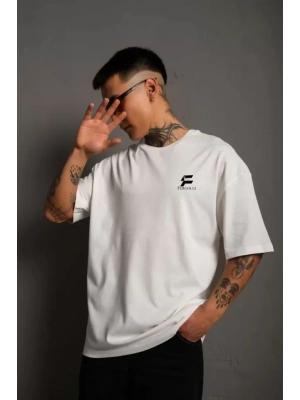 Unisex Bisiklet Yaka Baskılı Oversize T-Shirt - Beyaz