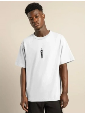 Unisex Bisiklet Yaka Baskılı Oversize T-Shirt - Beyaz