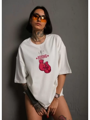 Unisex Bisiklet Yaka Baskılı Oversize T-Shirt - Beyaz