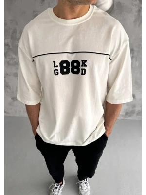 Unisex Bisiklet Yaka Baskılı Oversize T-Shirt - Beyaz