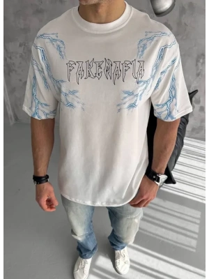 Unisex Bisiklet Yaka Baskılı Oversize T-Shirt - Beyaz