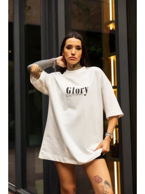 Unisex Bisiklet Yaka Baskılı Oversize T-Shirt - Beyaz
