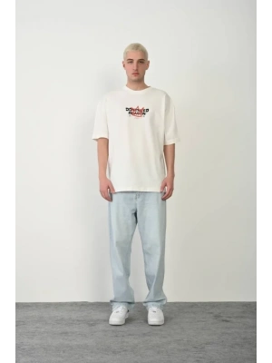 Unisex Bisiklet Yaka Baskılı Oversize T-Shirt - Beyaz
