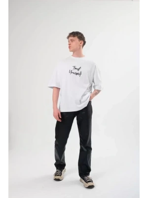 Unisex Bisiklet Yaka Baskılı Oversize T-Shirt - Beyaz