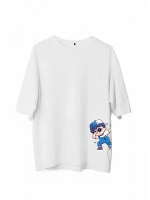 Unisex Bisiklet Yaka Baskılı Oversize T-Shirt - Beyaz
