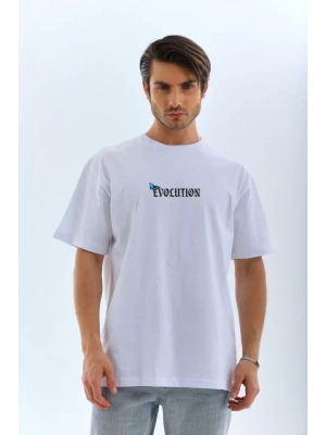 Unisex Bisiklet Yaka Baskılı Oversize T-Shirt - Beyaz