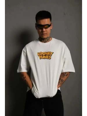 Unisex Bisiklet Yaka Baskılı Oversize T-Shirt - Beyaz